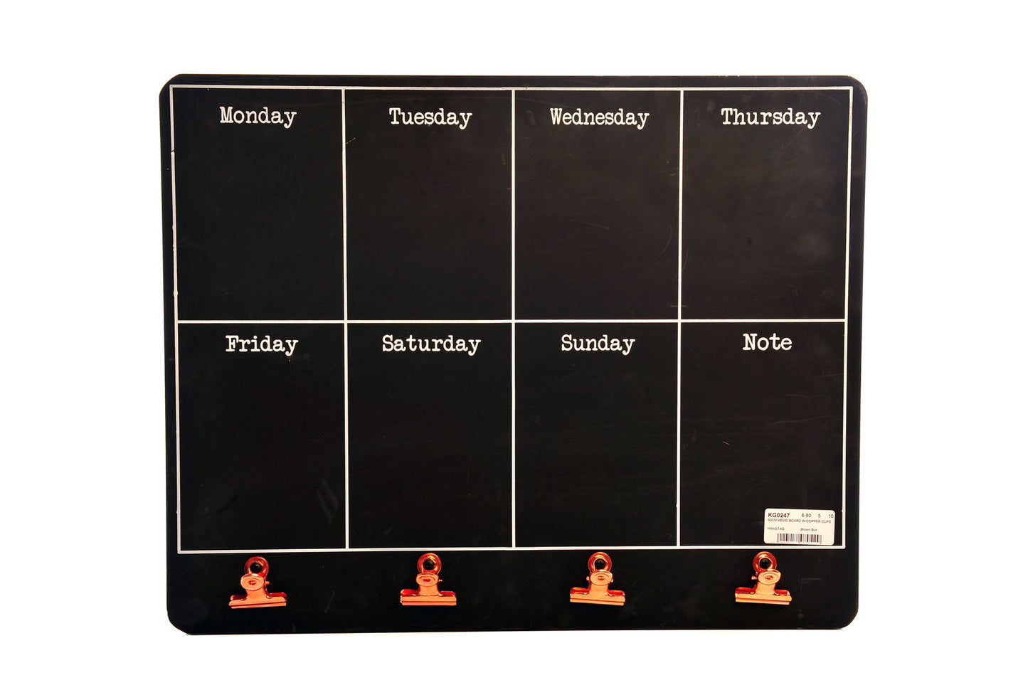 Black Weekly Memo Board With Copper Clips