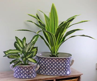 Set of 2 Ceramic Footbath Planters, Vintage Blue & White Geometric Design