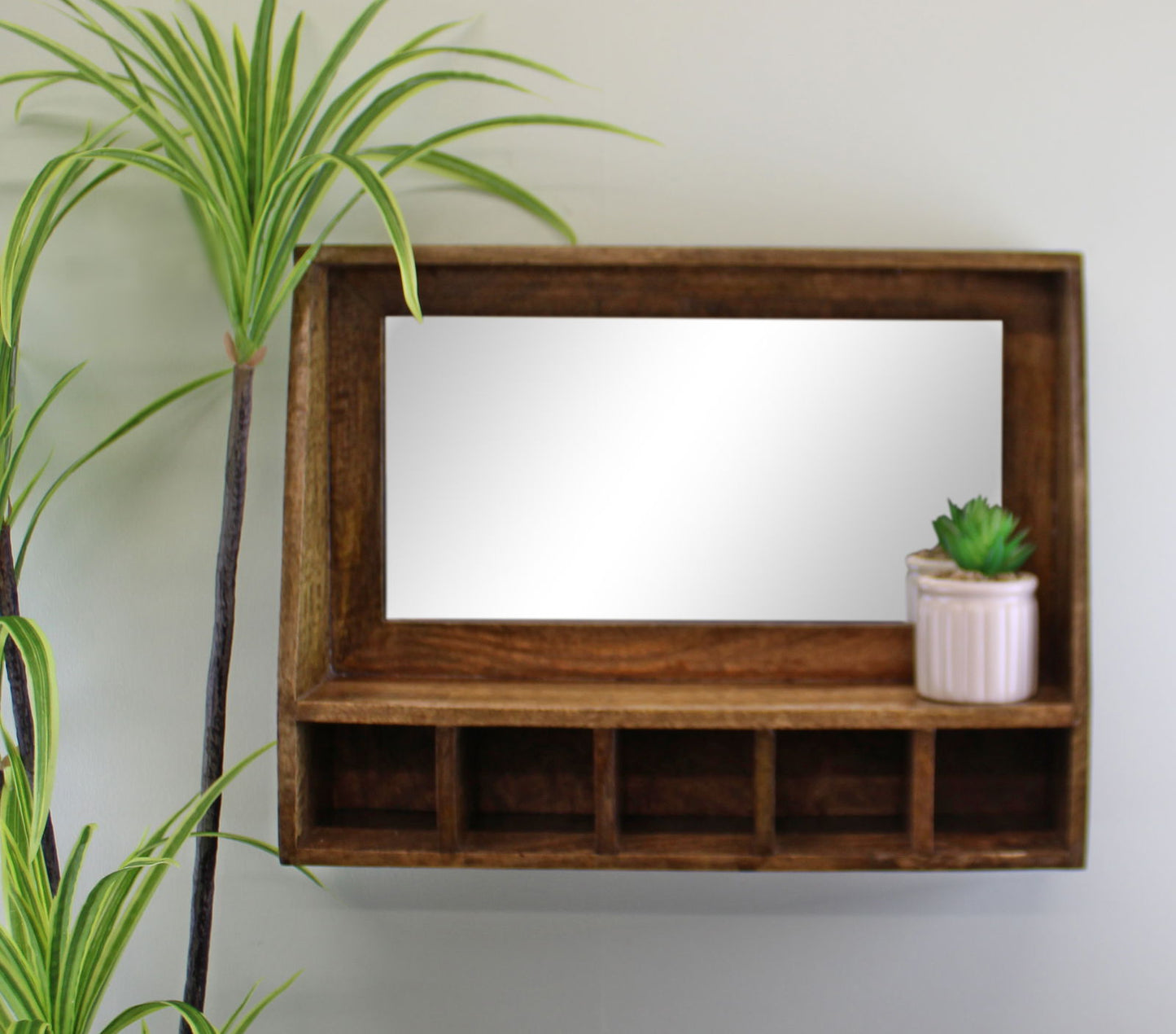 Mango Wood Wall Shelf With Mirror & Storage Slots