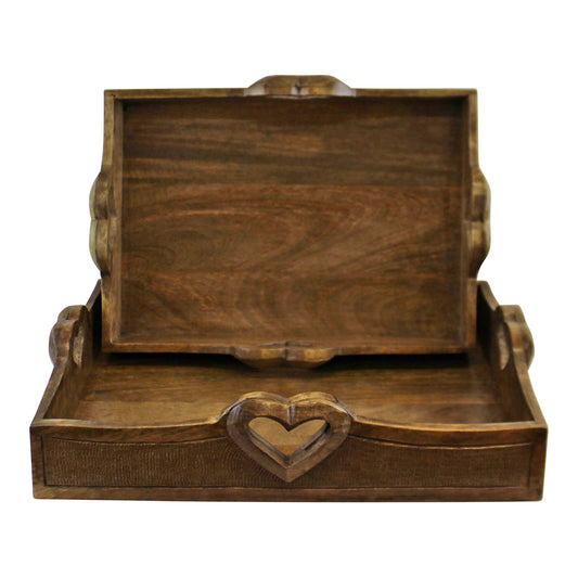 Set Of 2 Mango Wood Heart Detail Serving Trays