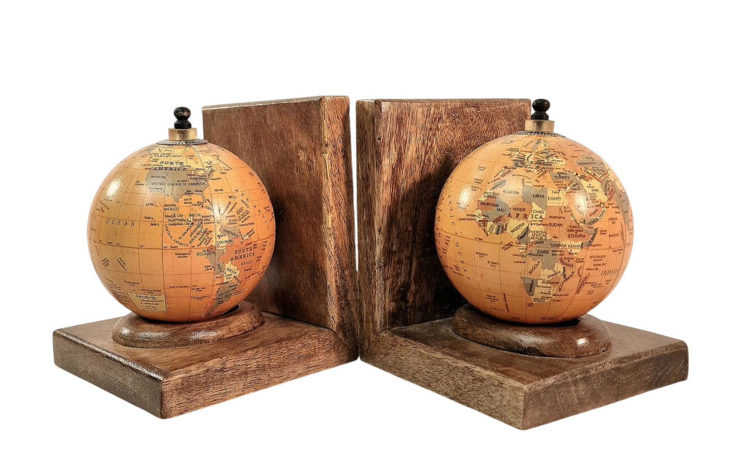 Pair of World Globe Bookends Set in Mango Wood