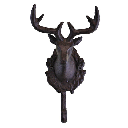 Rustic Cast Iron Wall Hooks, Single Stag Bust