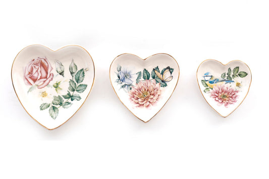 Set Of Three Heart Trinkets Dishes with Gold Edging