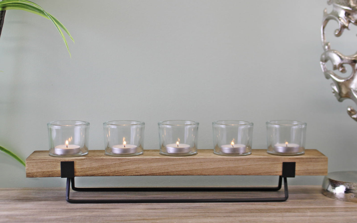 5 Piece Glass, Wood & Metal Tealight Holder