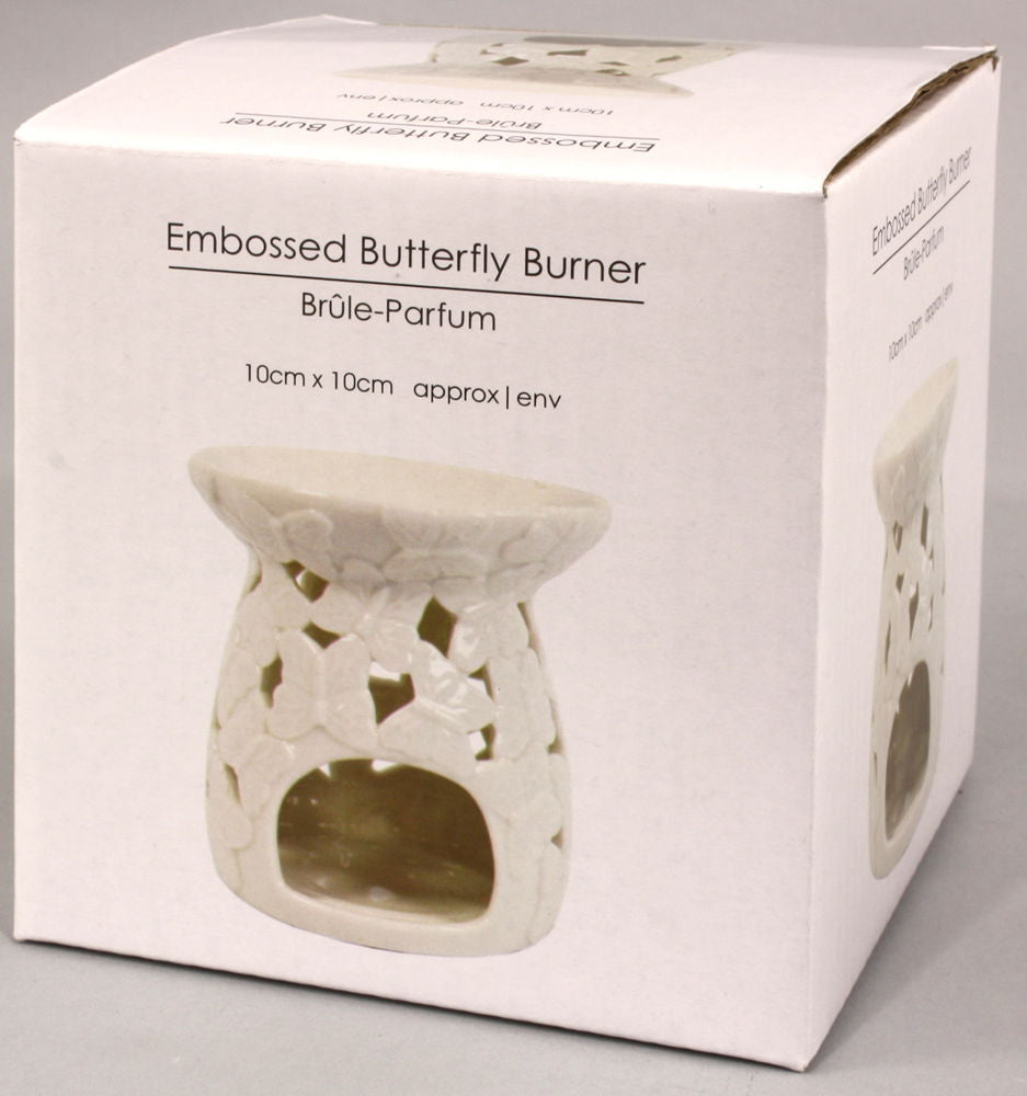 White Embossed Butterfly Oil Burner