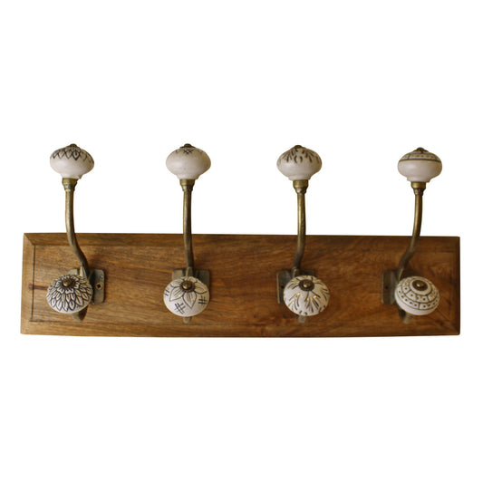 4 Double Ceramic Ivory Coat Hooks On Wooden Base