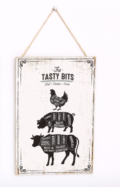 The Tasty Bits Wooden Hanging Plaque in White