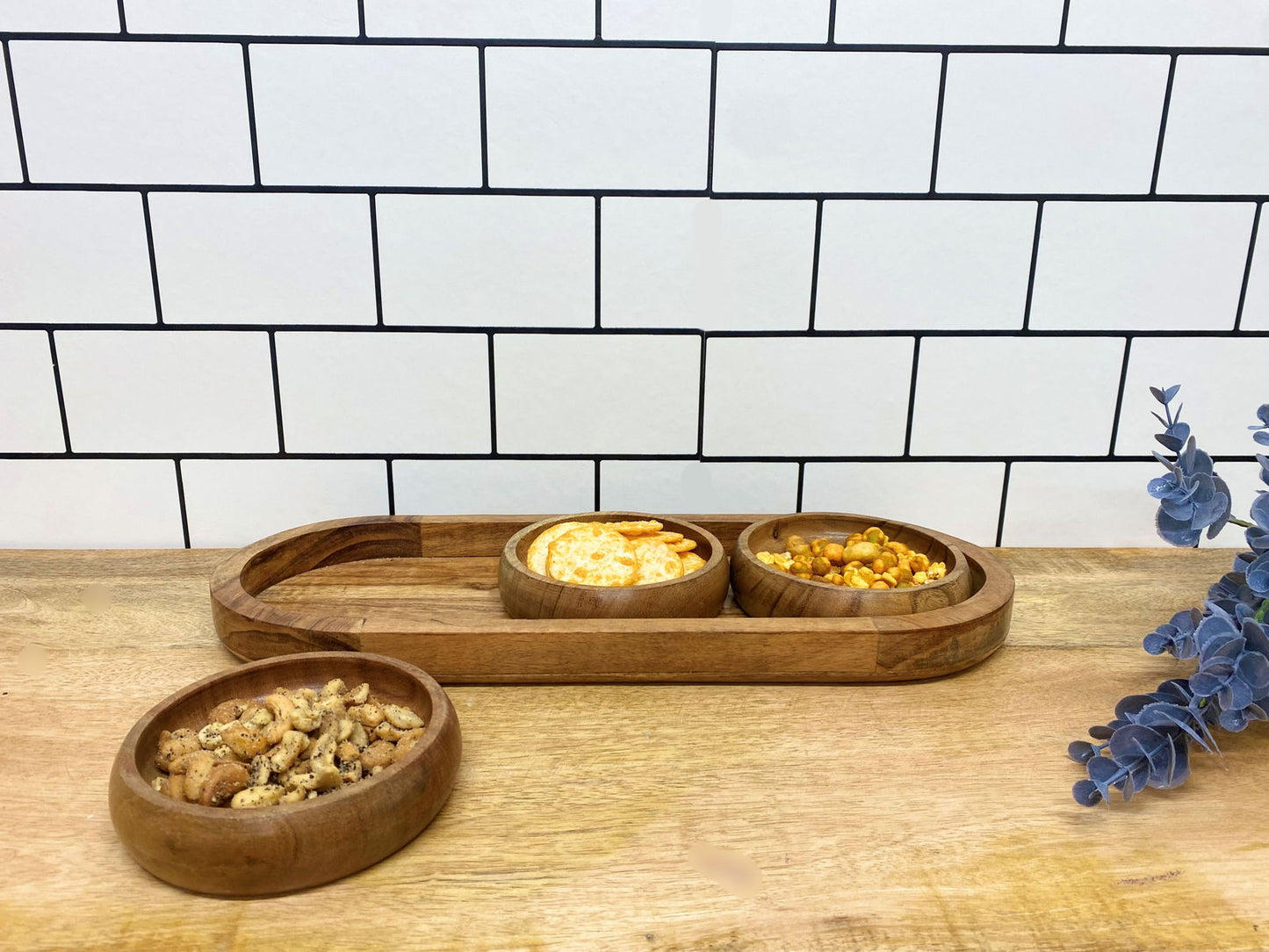 Set Of Three Bowls On Wooden Tray