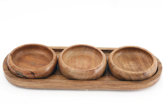 Set Of Three Bowls On Wooden Tray