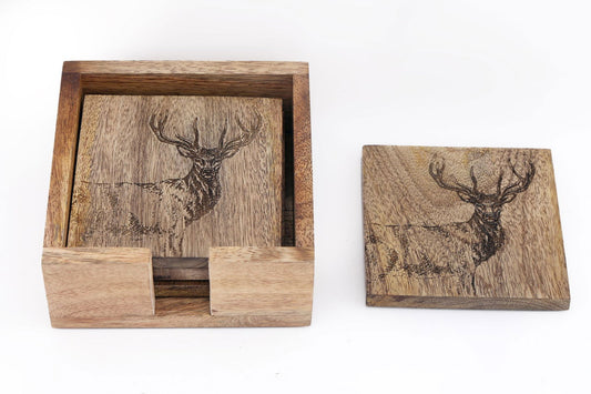 Wooden Set of 4 Engraved Stag Coasters