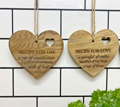 Set of 4 Wood Hanging Black Etched Life Recipe Heart Plaque