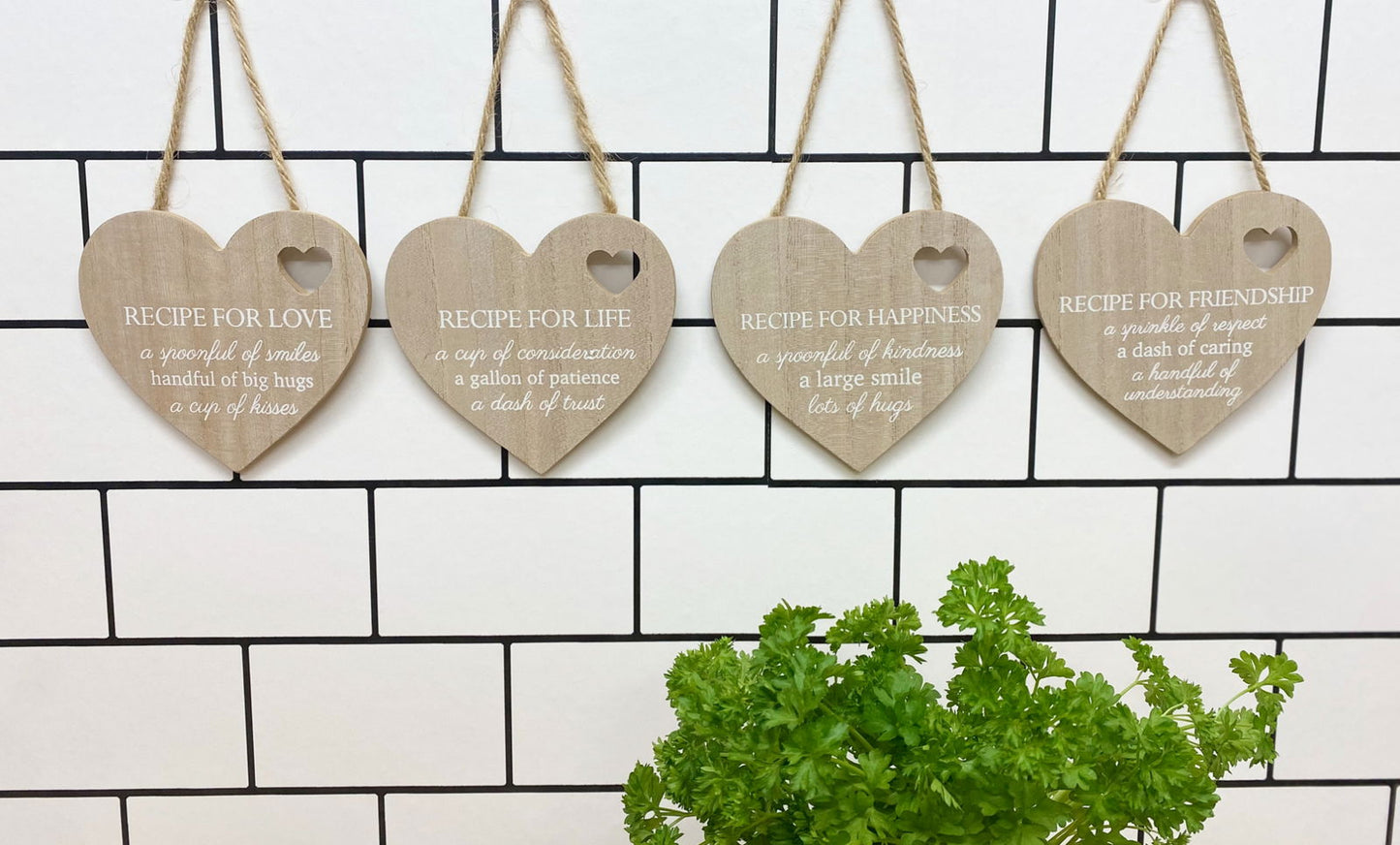 Set of 4 Wood Hanging White Etched Life Recipe Heart Plaque