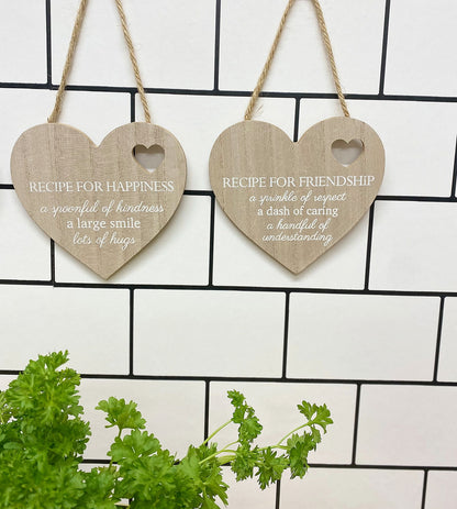 Set of 4 Wood Hanging White Etched Life Recipe Heart Plaque