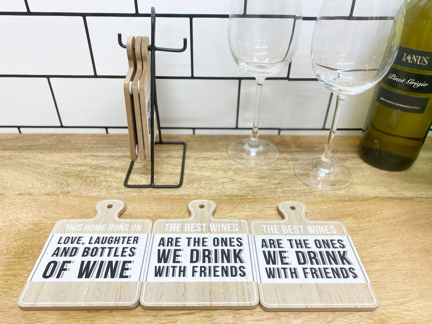 Set of Six Wine Slogan Coasters On Metal Stand