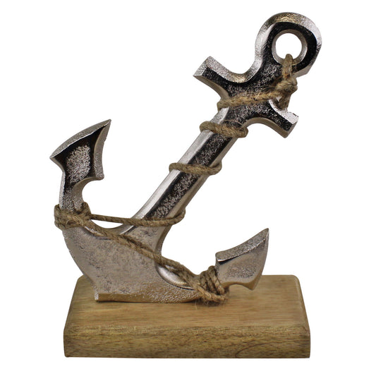 Silver Metal Anchor Ornament On Wooden Base