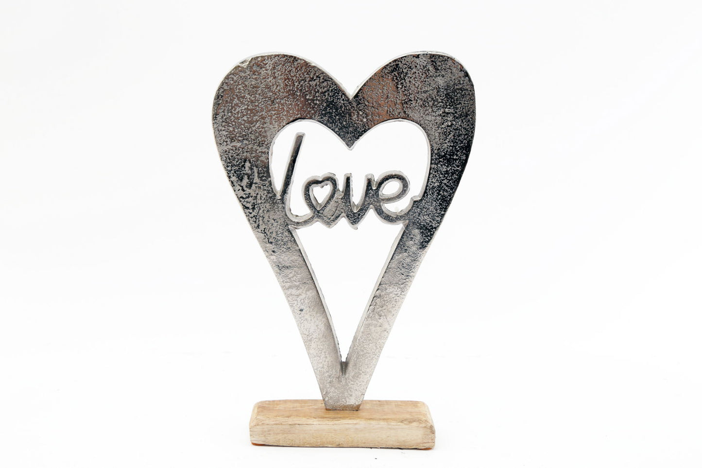 Metal Silver Heart Love On A Wooden Base Large