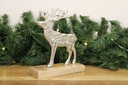 Silver Reindeer On Wood Base Large