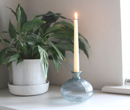 Blue Ribbed Glass Candle Holder