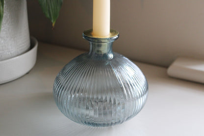 Blue Ribbed Glass Candle Holder