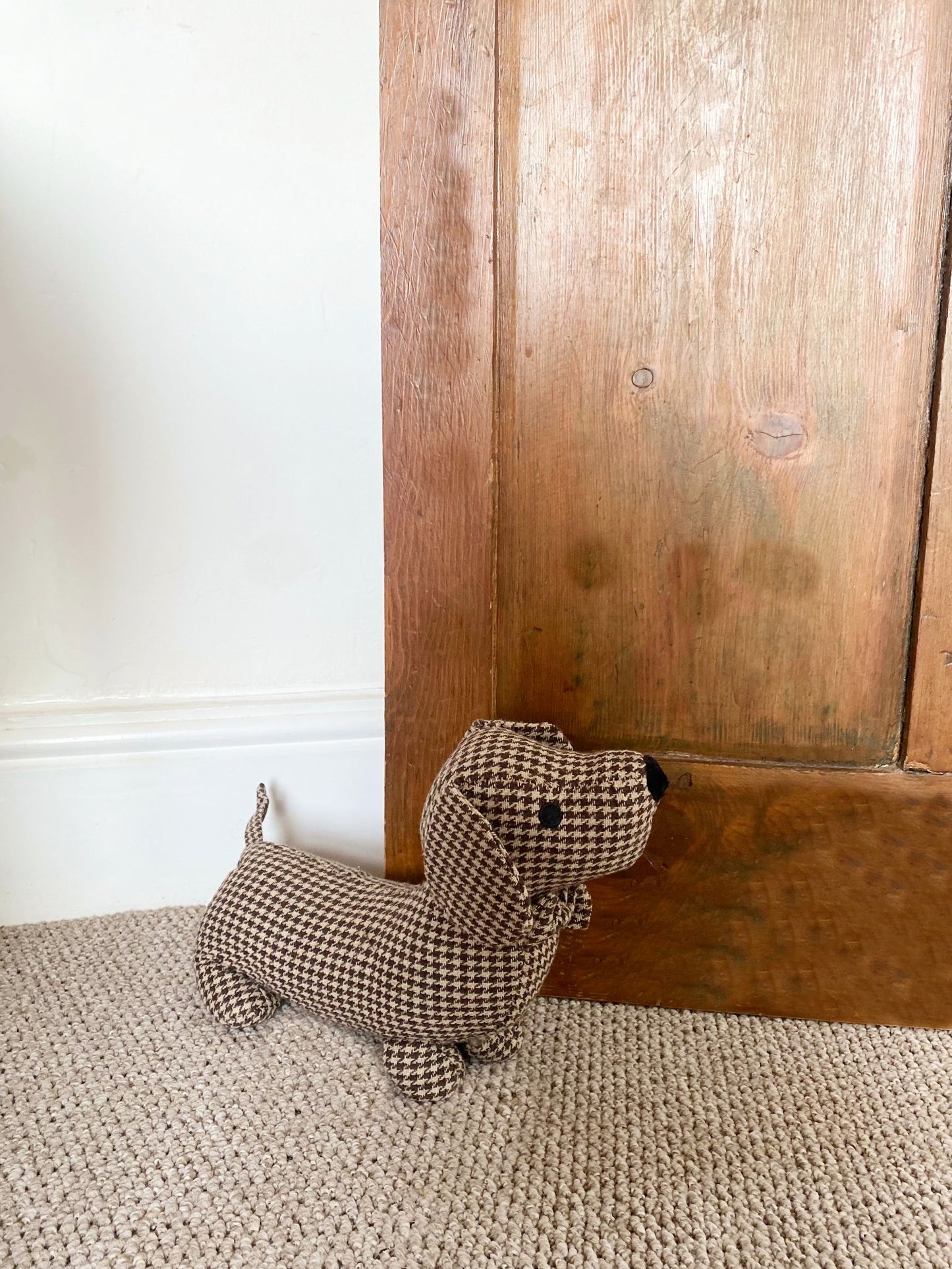 Brown Herringbone Fabric Sausage Dog Doorstop