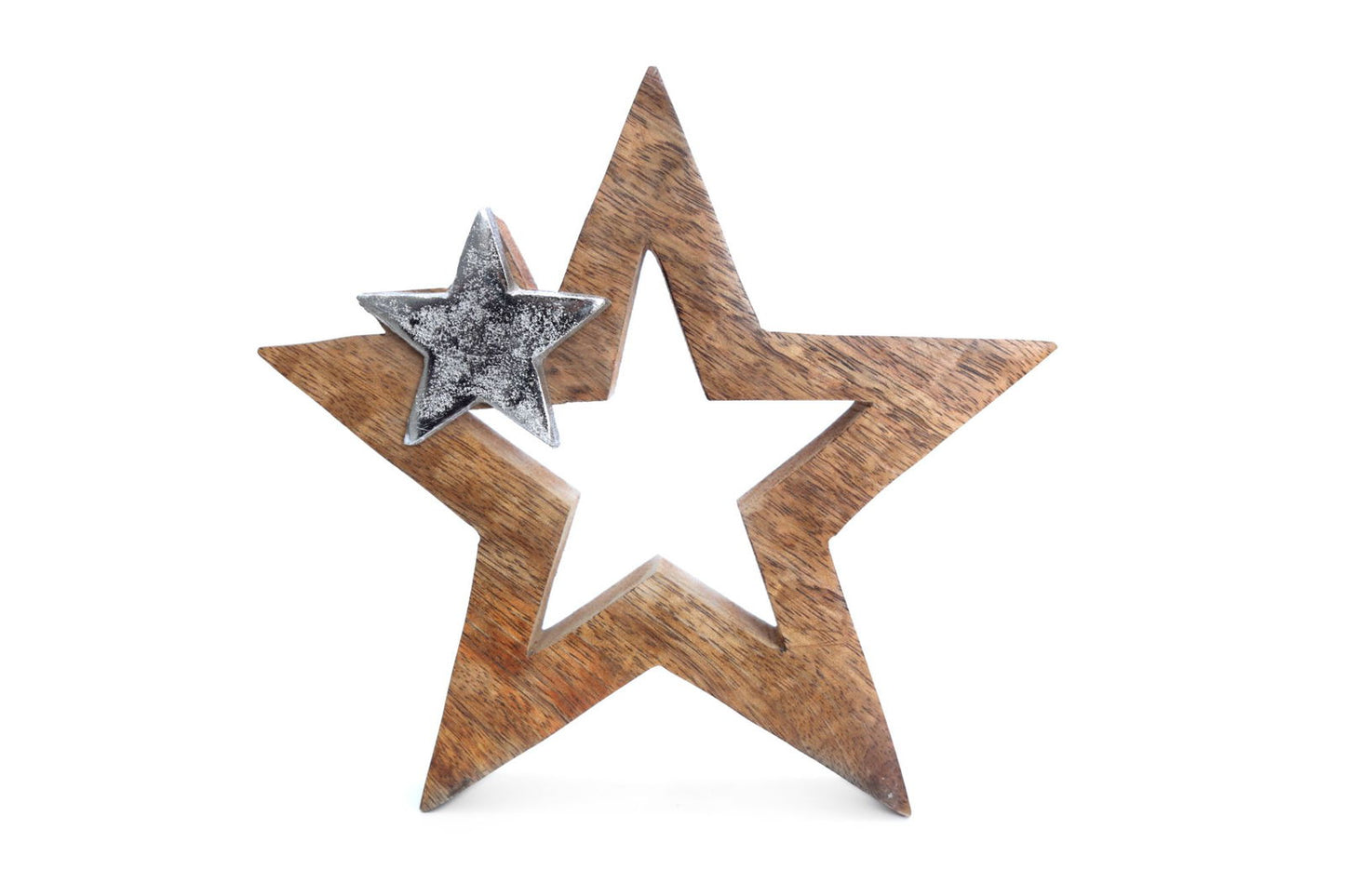 Wood & Silver Metal Star Decoration 20cm