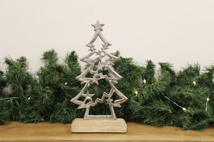 Silver Christmas Tree On Wooden Base Small